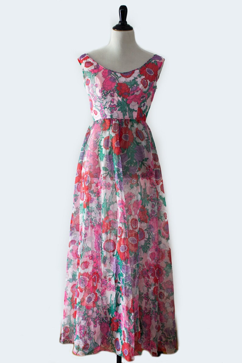 60s70s Neon Pink Purple and Green Floral Pattern Off the Shoulder Handmade Dress