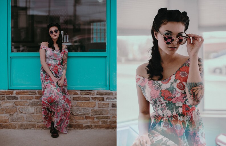 60s70s Neon Pink Purple and Green Floral Pattern Off the Shoulder Handmade Dress