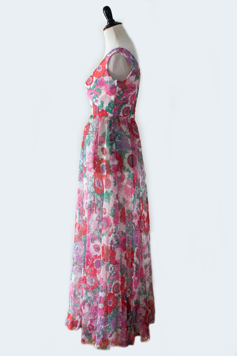 60s70s Neon Pink Purple and Green Floral Pattern Off the Shoulder Handmade Dress