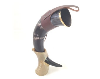 Viking Drinking Horn with brass rim and Stand- beer horn, mead horns