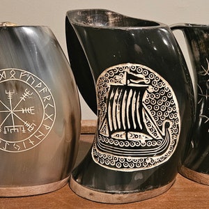 Viking horn-Norse symbol engraved Horn Mugs - Vegvisir, Thor&#39;s Hammer,  Tree of life, Helm of awe, Long Ship- beer, mead , mug, cup, gift