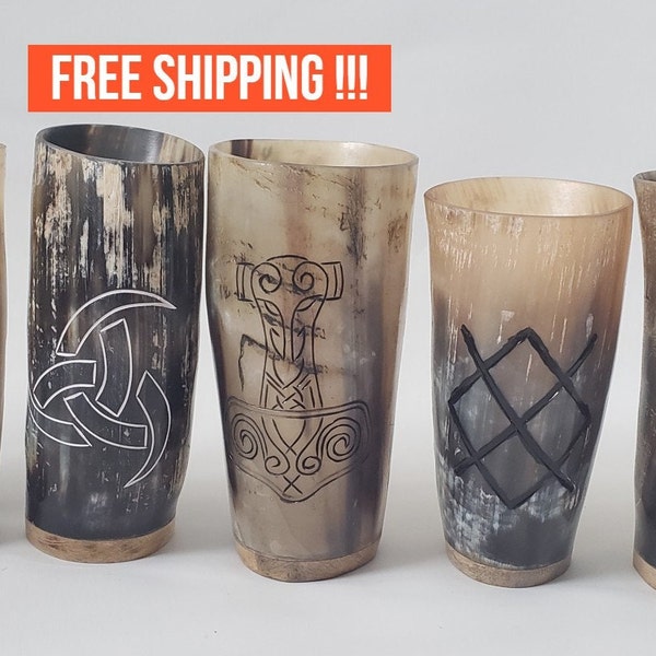 Vikings symbol engraved Natural Horn cups for Water, Ale, Beer, Mead , Wine. Gifts for Him, Her, Dad, Mom, Groomsmen Gifts.