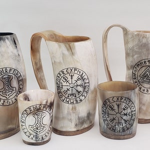 Horn Mug with Horn Shot glass Set , Viking Tankard  , Norse :  Vegvisir, Thor&#39;s Hammer, Valknut, Odin, Beer Mugs , Mead Cup , Valentine Gift