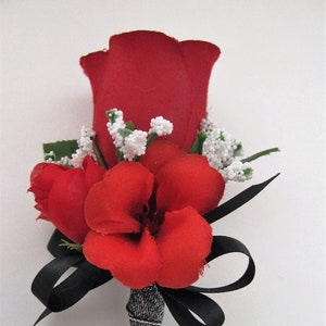 Metallic Black Red Rose Boutonniere Wedding Groom Groomsmen Prom Highschool Homecoming Dance Silk Flower