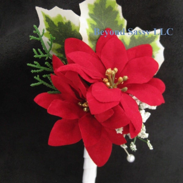 Holiday Christmas Red White Poinsettia Silk Flower Wedding Boutonniere Groomsmen