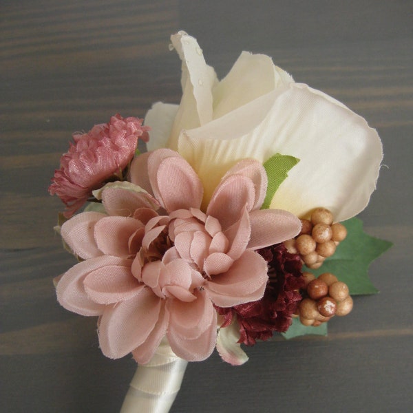 Dusty Rose Wedding Ivory Cream Silk Rose Flower Wine Burgundy Satin Wrap Stem Boutonniere