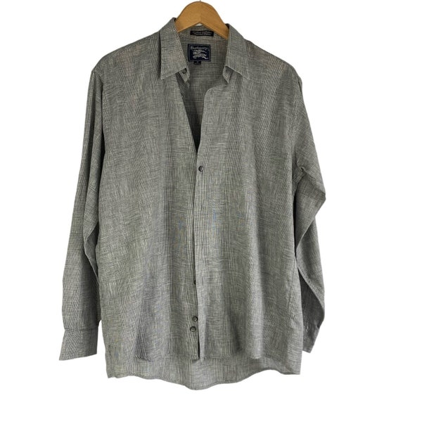 Vintage Burberrys Linen Blend Glen Plaid Button Up Shirt Men M Gray Made in USA