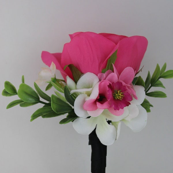 Hot Pink Wedding Prom Silk Rose Flower Boutonniere Natural Look Formal Satin Ribbon Wrapped Stem in Black White or Pink