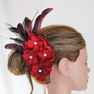 Red Hydrangea Flower Feather Fascinator: Rhinestone Hair Clip