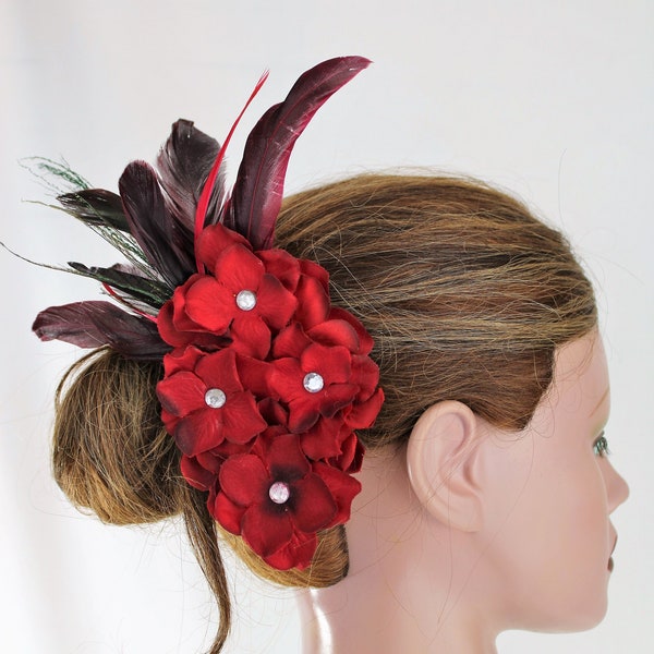 Red Bridal Prom Valentine's Day Flower Feather Fascinator Kentucky Derby Fascinator Hair Clip Hairpiece Headpiece