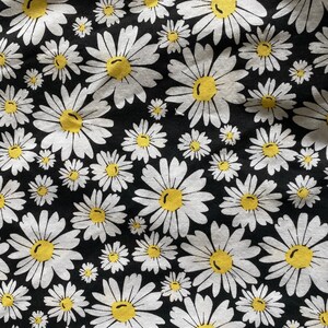 Daisy Floral Cotton Fabric - White Yellow Flowers on Black