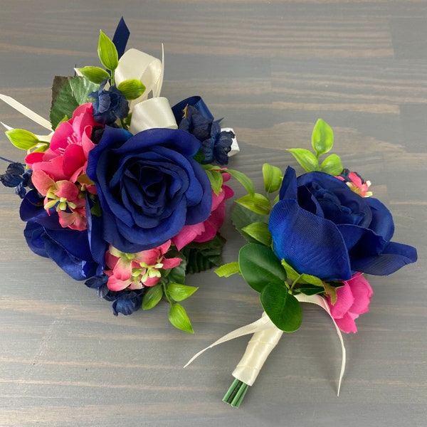 Navy Blue Hot Pink Roses Apple Blossom Silk Flower Wrist Corsage Boutonniere Set Prom Wedding Highschool Formal Dance Homecoming