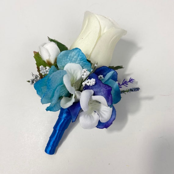 Royal Blue Cream Rose Corsage Boutonniere Set Wedding Prom Silk Flowers -  Customized Ribbon Colors