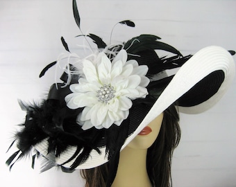 Black and White Womens Kentucky Derby Hat: Jeweled Flower Feather Straw Floppy Hat