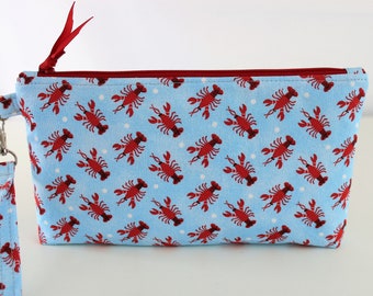 Blue Red Printed Lobster Fabric Wristlet Purse Zipper Pouch Box Bottom Purse Clutch Bag Summer Beach Wallet Handmade Gift for Her