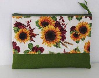 Medium Sunflower Fabric Zipper Pouch Clutch Makeup Cosmetic Bag Travel School Gift Personalized Embroidered First Name or Word