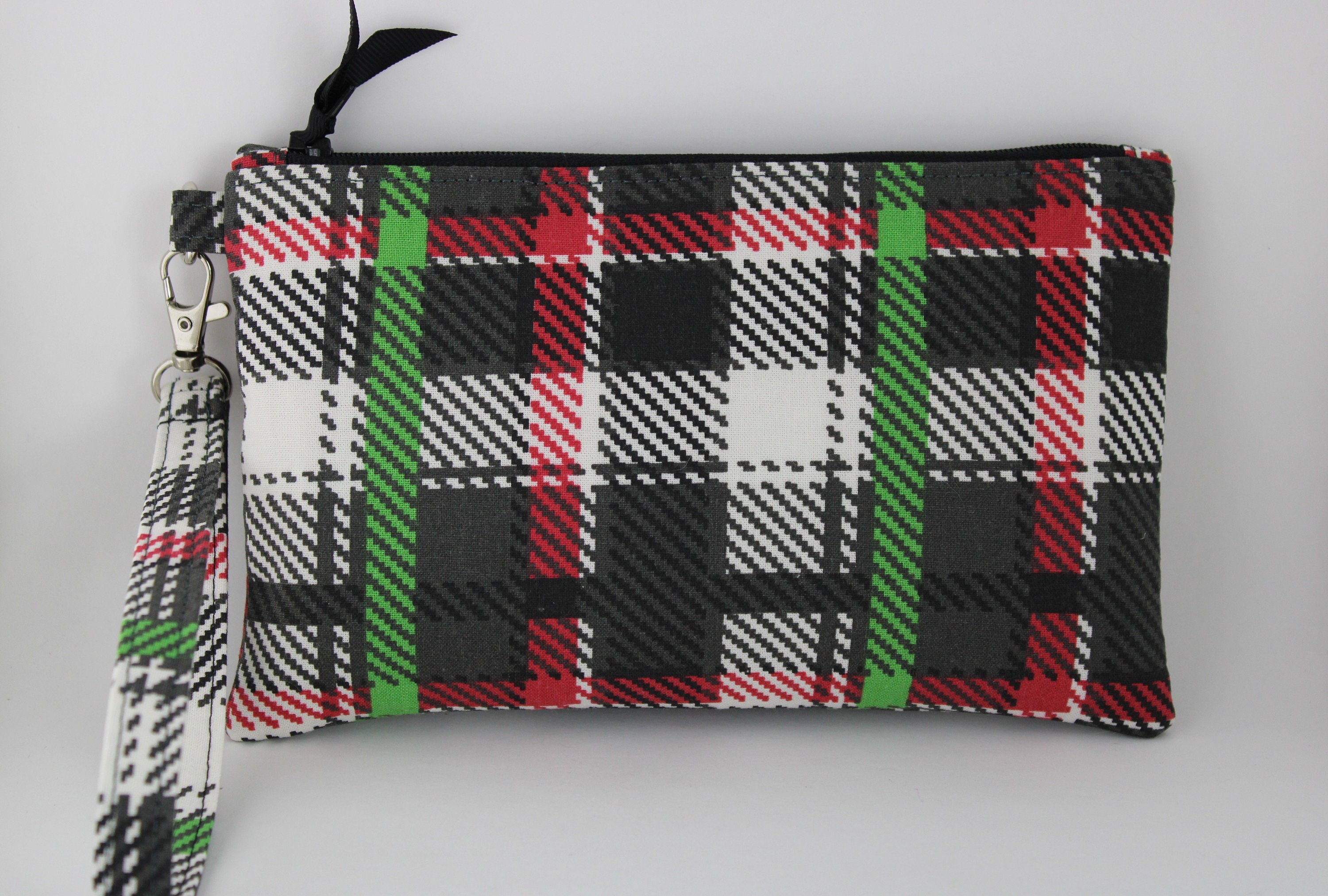 Women's large leather wallet with green plaid print