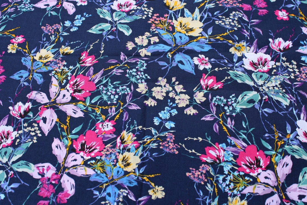 Navy Blue Pink Floral Flower 100% Cotton Fabric by the Half Yard - Etsy