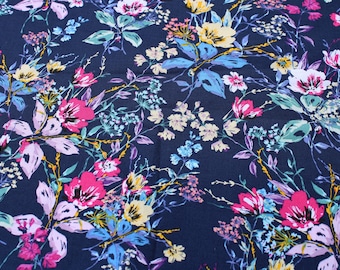 Navy Blue Pink Floral Flower 100% Cotton Fabric by the Half Yard