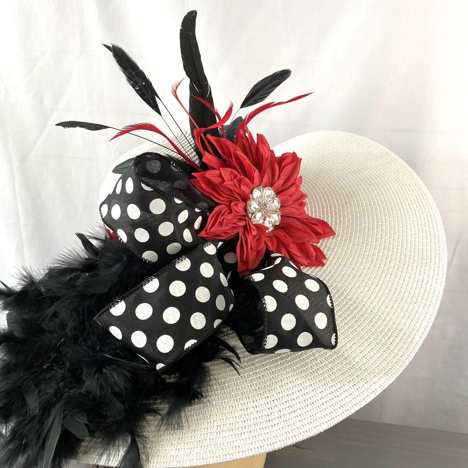 Retro White Red Womens Kentucky Derby Hat Jeweled Flower Polka Dot Bow Wide Brim Retro White Red Jeweled Flower Womens Kentucky Derby Hat  main image 2