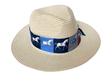 Women Kentucky Derby Panama Fedora Festival Straw Hat Tan Pink Horse Band NEW HORSE BIT FLORAL PINK RANCHER HAT – Judith March main image 3