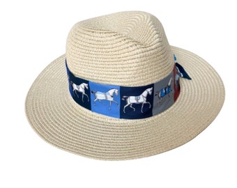 Unisex Men Women Derby Fedora Panama Straw Sun Hat and/or Horse Race Carriage Feathers Fabric Band Sash - Size M/L Beige