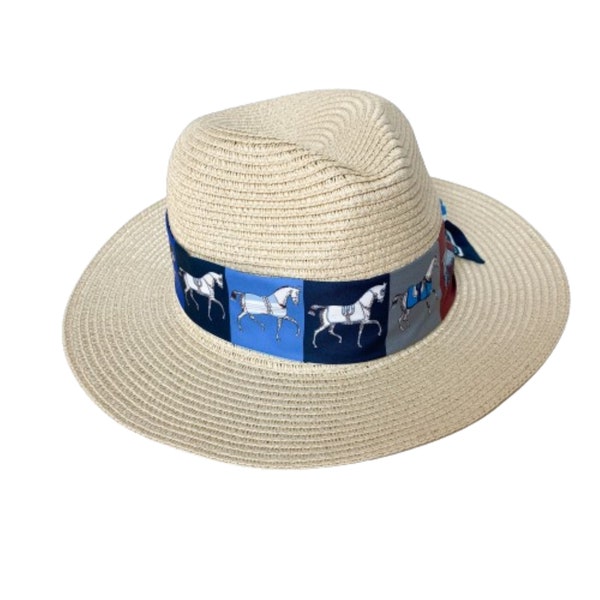 Unisex Men Women Derby Fedora Panama Straw Sun Hat and/or Horse Race Carriage Feathers Fabric Band Sash - Size M/L Beige