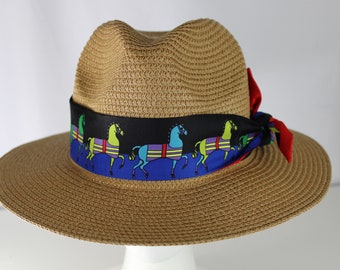 Unisex Men Women Derby Fedora Panama Straw Sun Hat and/or Printed Equestrian Horse Race Fabric Band Sash - Size M/L Tan