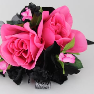 Hot Pink Rose Corsage and Boutonniere Set: Black Accent Flowers and Metallic Ribbon - Wedding Prom Silk Flowers