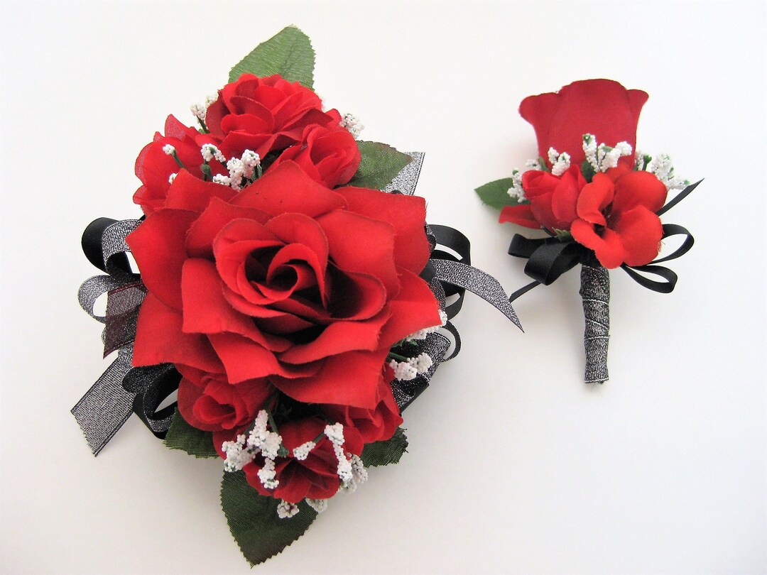 Wedding Bridesmaid Prom Metallic Black Red Rose Flower Wrist