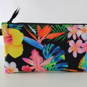 Bolso de mano de tela con diseño de ave del paraíso y flores tropicales, con cremallera y fondo de caja, bolso de mano con hibisco y plumeria, regalo hecho a mano para ella