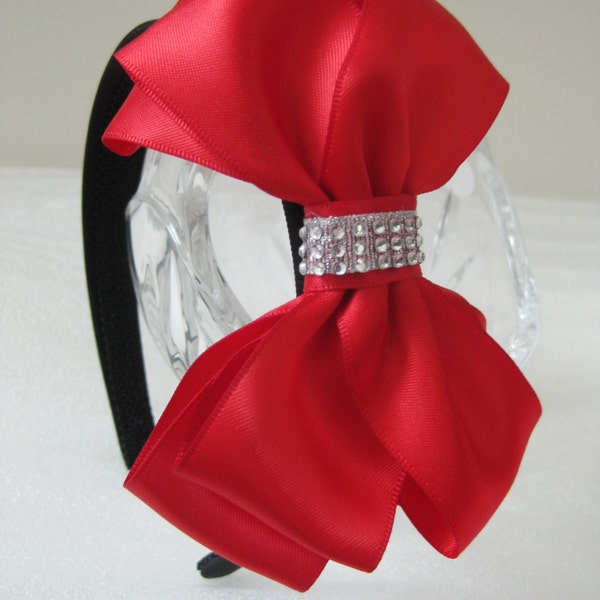 Teen Lady Bridesmaid Christmas Holiday Rhinestone Satin Bow Black Headband