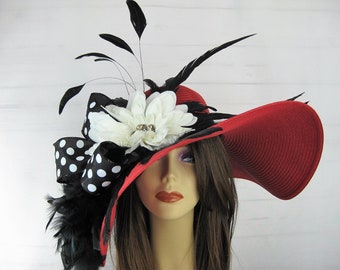 Red Black White Polka Dot Jeweled Flower Feather Kentucky Derby Church Dressy Wide Brim Straw Hat