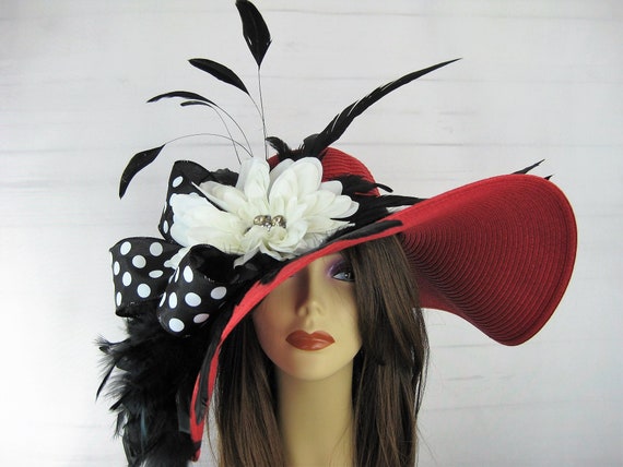 Red Black White Polka Dot Jeweled Flower Feather Kentucky Derby