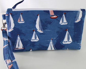 Navy White Sea Sailboat Fabric Wristlet Purse Zipper Pouch Box Bottom Clutch Wallet Summer Beach Bag Handmade Gift for Her