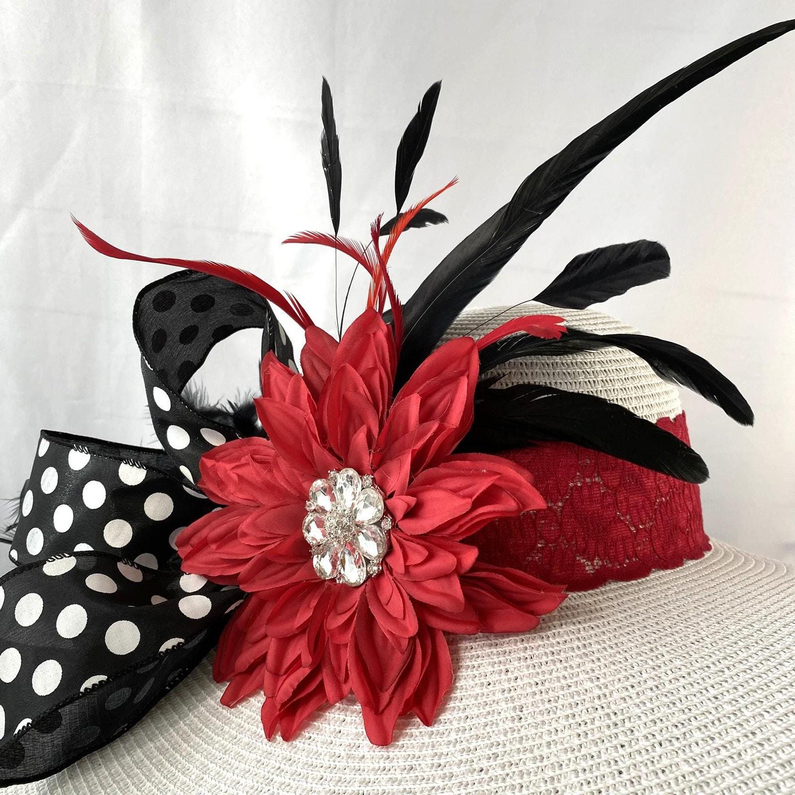 Retro White Red Jeweled Flower Womens Kentucky Derby Hat 
