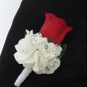 Classic Formal Red White Fuchsia Pink Boutonniere with Black or White Wrap Stem Silk Flower Cluster Hydrangea Wedding Groom Groomsmen Prom