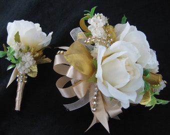 Wedding Bridesmaid Prom Champagne Gold Rhinestone Cream Rose Flower Wrist Corsage and Boutonniere Set 50th Anniversary Formal School Dance