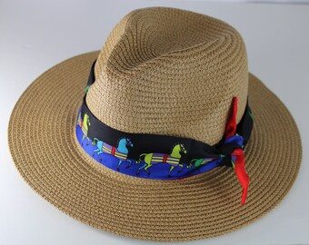 Tan Derby Fedora Panama Hat With Equestrian Horse Band - Men  display picture 3