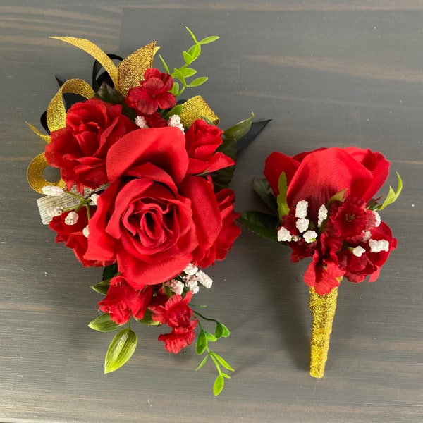 Wedding Bridesmaid Prom Red Rose Flower Wrist Corsage Boutonniere Black Silver or Gold Accent Formal School Dance