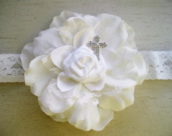 Baby Girls Baptism Christening Rhinestone Silver Cross Flower Lace Headband