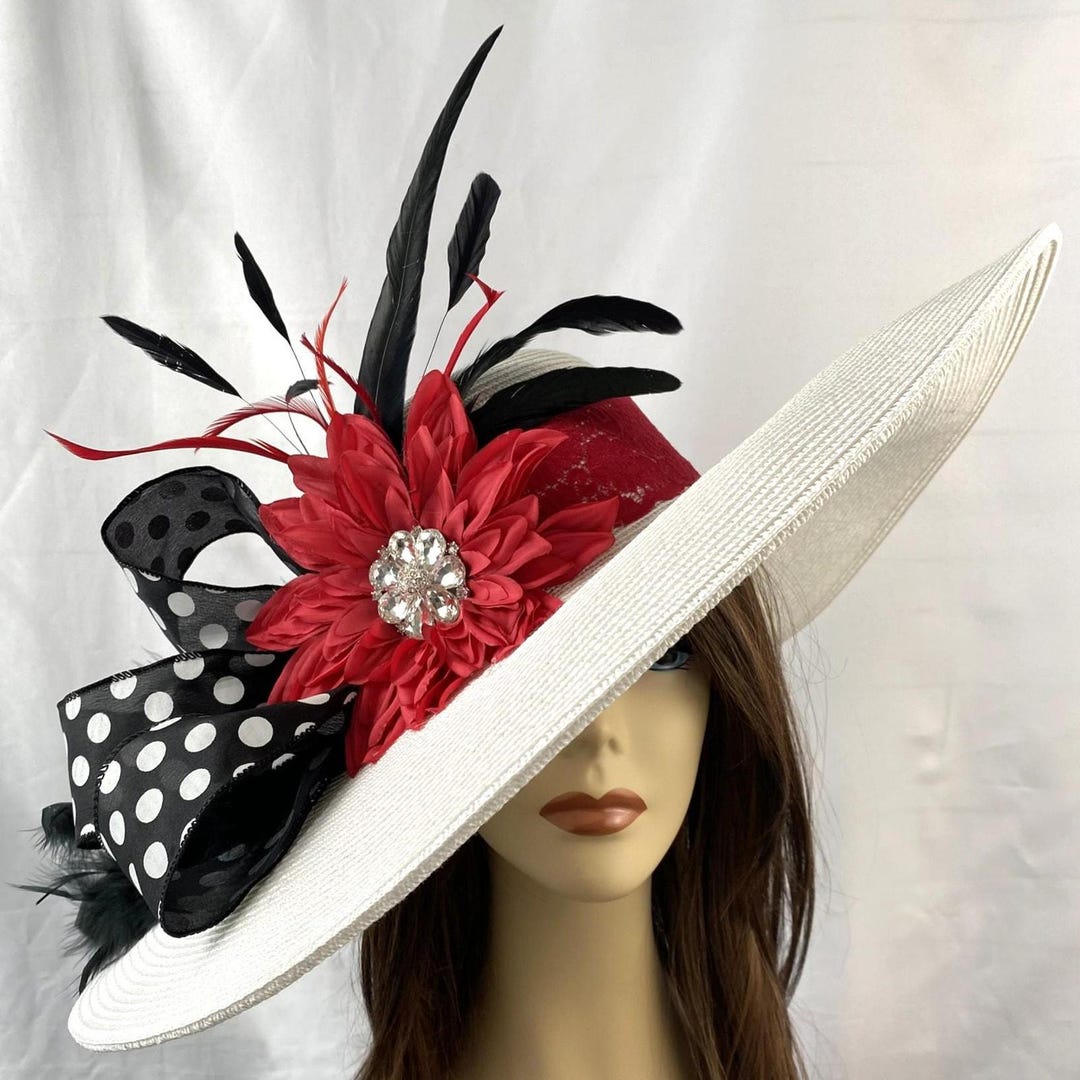 Retro White Red Womens Kentucky Derby Hat Jeweled Flower Polka Dot Bow Wide Brim Retro White Red Jeweled Flower Womens Kentucky Derby Hat  main image 4