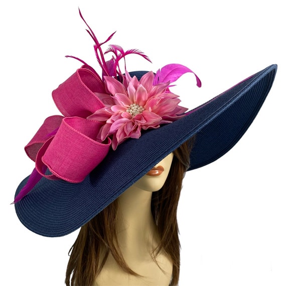 Navy Pink Wide Brim Womens Kentucky Derby Hat: Jeweled  display picture 1