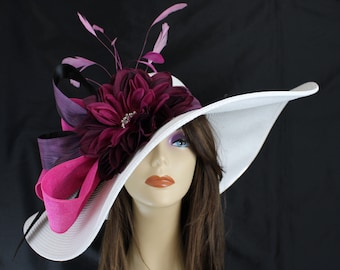 Wide Brim White Straw Derby Hat: Plum Fuchsia Jeweled Flower