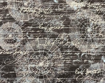 Halloween Spider Web Cotton Fabric Witch Spells Print Black Gray