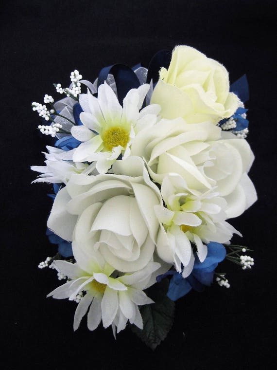 White Navy Blue Corsage and boutonniere set Prom Wedding Formal Artificial 