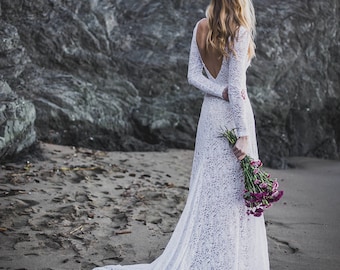 Low Back Wedding Dress, High Neck Bridal Dress With Sleeves, Long Sleeve Open Back Bridal Dress, Ethically Made Gown - The Cleo Dress