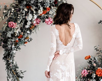 Open Back Boho Wedding Dress, Long Sleeve V-Back Bridal Gown, Simple Lace Bridal Dress With Sleeves, Ethically Made Gown - The Ellora Dress