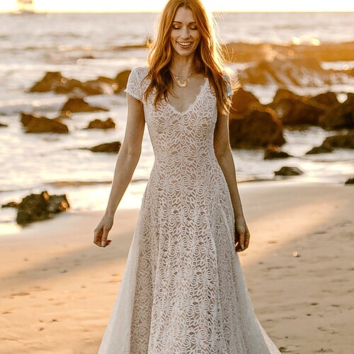 Boho Cap Sleeve Lace Wedding Dress Open 