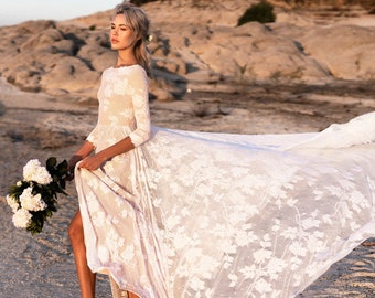Rose Lace Wedding Dress, Long Sleeve Cottagecore Bridal Dress, Open Back Bohemian Wedding Dress, Ethically Made Gown - The Ari Dress
